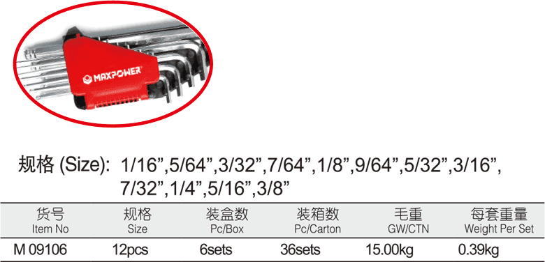 球頭電鍍加長(zhǎng)內(nèi)六角組套(英制)(圖1)